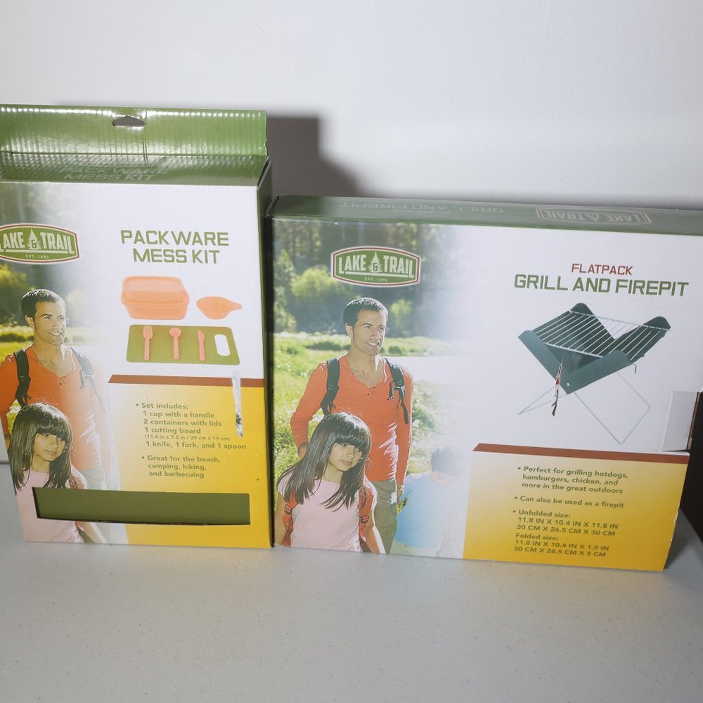 Lake & Trail Grill and Firepit and Packware Mess Kit for camping, beach, hiking